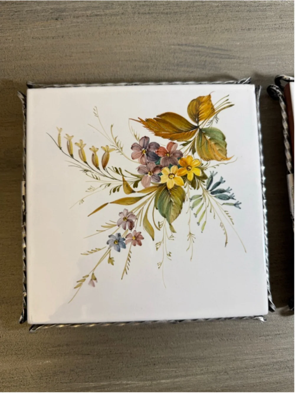 Vtg Italian Ceramic Tile Trivets 6”x6” Set Hand Painted Floral sig A.Z. Noye MCM